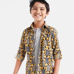 Rikidoos Full Sleeves Tortoise Printed Shirt With Attached Tee & Cap - Mustard & Black-picture-10