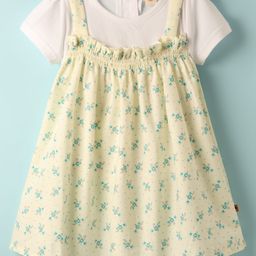 Dew Drops Cotton Woven Half Sleeves Frock With Floral Print - Light Green-image-65