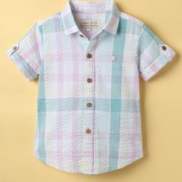JASH KIDS Cotton Woven Half Sleeves Checked Shirt - White Green & Pink-image-87