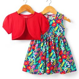Babyhug Single Jersey Knit Frock & Half Sleeves Shrug With Floral Print - Green & Red-image-26
