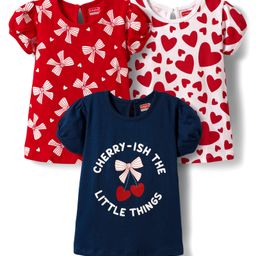Babyhug 100% Cotton Knit Half Puffed Sleeves T-Shirts with Bow & Heart Print Pack of 3 - Red White & Navy Blue-image-31