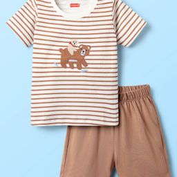 Babyhug Interlock Knit Half Sleeves Striped T-Shirt & Shorts Set With Animal Patch - Brown-image-68