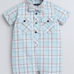 Polka Tots Cotton Half Sleeves Checked Shirt Style Romper With Set - Turquoise-image-78