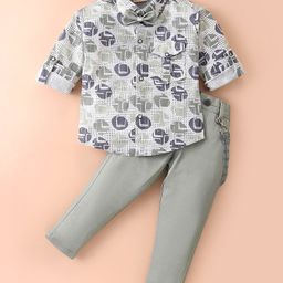 Rikidoos Full Sleeves Abstract Printed Shirt With Pant Suspender & Bow Set - White & Pista Green-image-53