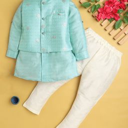 Jeet Ethnics Cotton Blend Full Sleeves Anstract Printed Kurta & Pyjama With Sequins Embellished Jacket Set - Blue-image-84