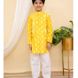 AJ Dezines Cotton Full Sleeves Floral Printed Kurta & Pyjama Set - Yellow-picture-24