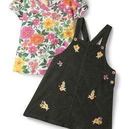 Babyhug Cotton Knit Frock & Half Sleeves Inner Tee With Floral Print & Embroidery - Dark Green-image-70