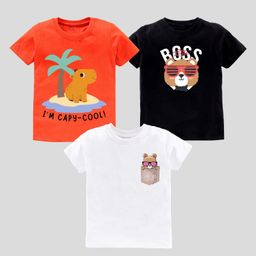 KAVEE Pure Cotton Pack Of 3 Half Sleeves Baby Bear & Typography Printed Tees - Orange Black & White-picture-39