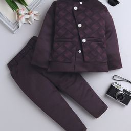 Fourfolds Full Sleeves Geometric Embroidered 3 Piece Part Suit Set - Purple-image-75
