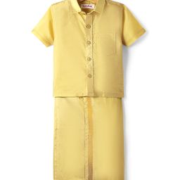 Babyhug Woven Half Sleeves Jacquard Shirt & Mundu Set - Golden-image-86