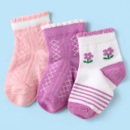 Cute Walk by Babyhug Knit Antibacterial Ankle Length Socks With Stripes & Floral Design Pack Of 3 - Pink Purple & White-image-56