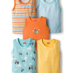 Babyhug 100% Cotton Knit Antibacterial Sando with Stripes Vehicle & Animal Print Pack of 5 - Blue Orange & Yellow-picture-12