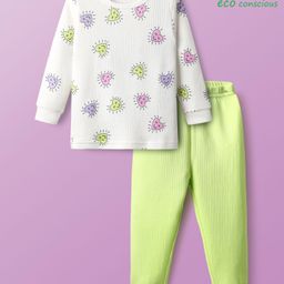 Babyoye Cotton Modal Blend Knit Full Sleeves Thermal Inner Wear Set with Heart Print - White & Limegreen-image-63