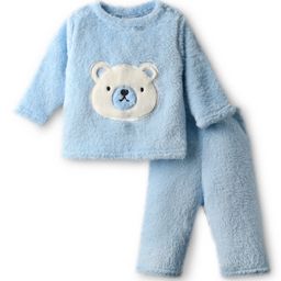 Babyhug Fur Woven Full Sleeves Winter Wear T-Shirt & Lounge Pant Set With Teddy Bear Patch - Light Blue-picture-10