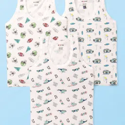 Revvo Junior Cotton Knit Sleeveless Vest with Vehicle & Baseball Print Pack of 3 - White-picture-24