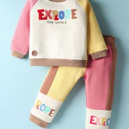 ToffyHouse Interlock Knit Full Raglan Sleeves Cut & Sew T-Shirt & Lounge Pant Set with Text Embroidery - Multicolor-picture-47