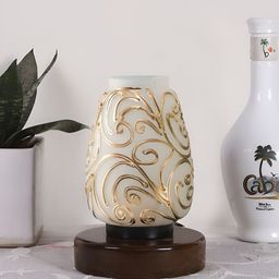 Aura White & Gold Toned Textured Glass Lamp With Wood Base-picture-4