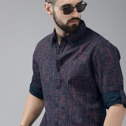 Roadster Men Navy Blue Pure Cotton Abstract Printed Casual Shirt-picture-3
