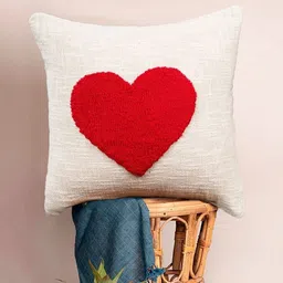 HOMADORN Off White & Red Embroidered Square Pure Cotton Cushion Cover-7