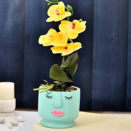 Tayhaa Blue & Yellow Ceramic Artistic Face Planter With Artificial Orchids-image-51