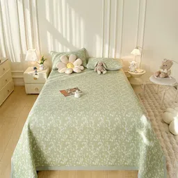 JC HOME Green Floral Printed 162 TC Double King Bed Cover & 2 Pillow Covers-image-51