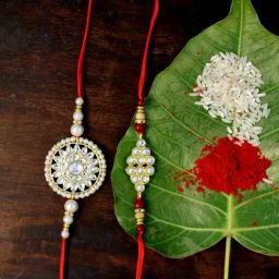 Karatcart Gold-Plated Kundan Rakhi with Roli Chawal & Greeting Card for Brother - Set of 2-image-52