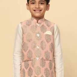 KISAH Kids Peach Printed Nehru Jacket-image-6