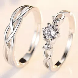 kazare Unisex Set Of 2 Rhodium Plated Stones Studded Adjustable Finger Rings-3