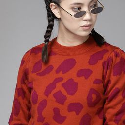 Roadster Women Rust Orange & Magenta Cow Patterned Acrylic Pullover-24
