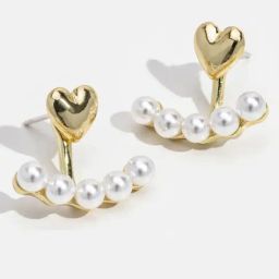 OOMPH Golden Tone White Pearls Small Heart Ear Jacket Fashion Stud Earrings for Women-39