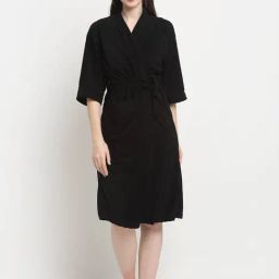 Creeva Everyday Black 225 GSM Micro Terry Bathrobe with Front Pocket & Kimono Collar-image-29