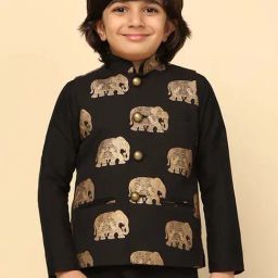 KISAH Kids Black & Golden Printed Nehru Jacket-image-58