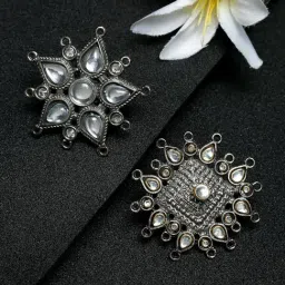 YouBella Celebrity Inspired Oxidized Silver-Plated Golden & White Cocktail Rings - Set of 2-image-90