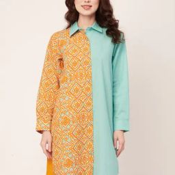 Moomaya Orange & Blue Cotton Printed Shirt Dress-picture-3