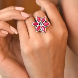 Teejh Ethnic Ageless Red Stone Silver Oxidized Rings for Women-13
