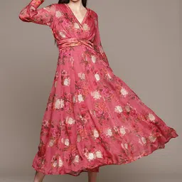 Ritu Kumar Floral Print Puff Sleeve Jacquard Midi Dress-image-30