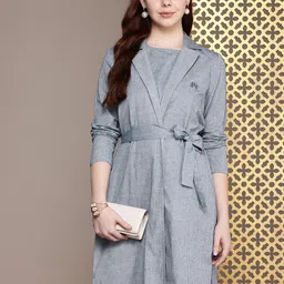 House of Pataudi Pure Cotton Striped A-Line Midi Jashn Dress With Overcoat-picture-43