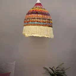 Fos Lighting Red & Yellow Printed Repurposed Fabric & Macrame Dome Pendant Ceiling Lamp-55