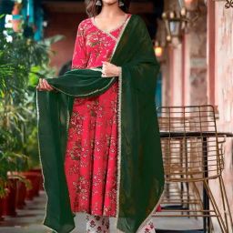 Skylee Cherry Red & White Floral Print Kurta Pant Set With Dupatta-image-52