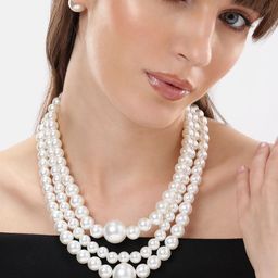 DressBerry Women Elegant 3 Layer White Pearls Beaded Necklace with Matching Stud Earrings-picture-45