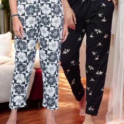Kryptic Navy Blue & Off White Cotton Relaxed Fit Printed Lounge Pants - Pack of 2-image-109