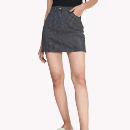 VASTRADO Navy Cotton Polka Dots Mini Shift Skirt-image-94