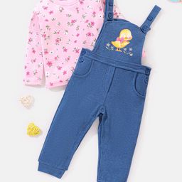 Babyhug 100% Cotton Full Sleeves T-Shirt With Dungaree Floral Print - Pink & Indigo-image-42