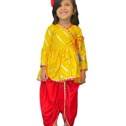 Aglare Janmashtami Theme Full Sleeves  Foil Striped Printed  And Gota Patti Embellished Kurta And Dhoti - Yellow And Red-image-60