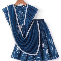 Babyhug Woven Half Sleeves Mirror Embroidered Net Choli Lehenga & Dupatta -Teal-image-71