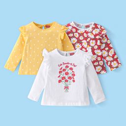 Babyhug 100% Cotton Knit Full Sleeves Tees With Frill Detailing & Floral Graphics Pack of 3- Red White & Yellow-image-89