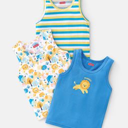 Babyhug 100% Cotton Knit Sleeveless  Sando Lion Print Pack of 3- Blue Green & White-image-6