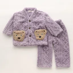 Kookie Kids Full Sleeves Winter Wear Night Suit with Paw Applique - Purple-picture-16