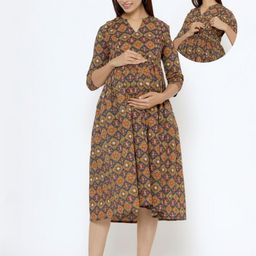 CRAFIQA Three Fourth Sleeves Floral Motif  Printed Maternity Dress With Concealed Zipper Nursing Access - Blue & Green-image-36