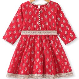 Babyhug Woven Three Fourth Sleeves Foil Printed Ethnic Dress - Red-image-34